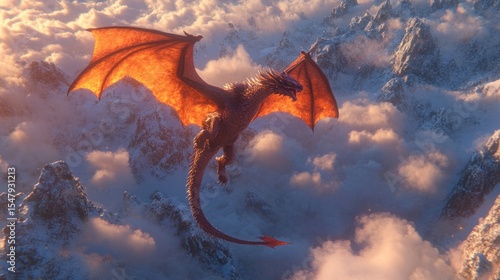 Fiery dragon soars above snowy peaks