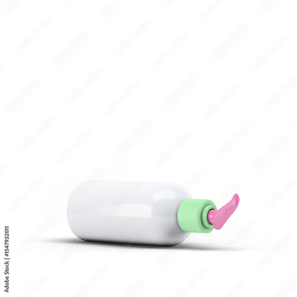 Perfectly cut-out image of cosmetic bottle dispenser (red spout, green cap and white bottle) - View #4 - isolated background and shadow - Exclusive Mockups for Branding and Packaging Design Perfectly cut-out image of cosmetic bottle dispenser (red spout, green cap and white bottle) - View #4 - isolated background and shadow - Exclusive Mockups for Branding and Packaging Design