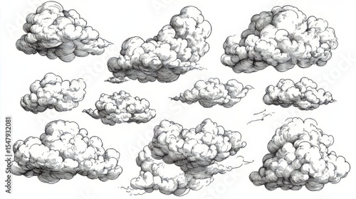 Hand Drawn Vintage Engraved Clouds Vector Set, Detailed Ink Illustration