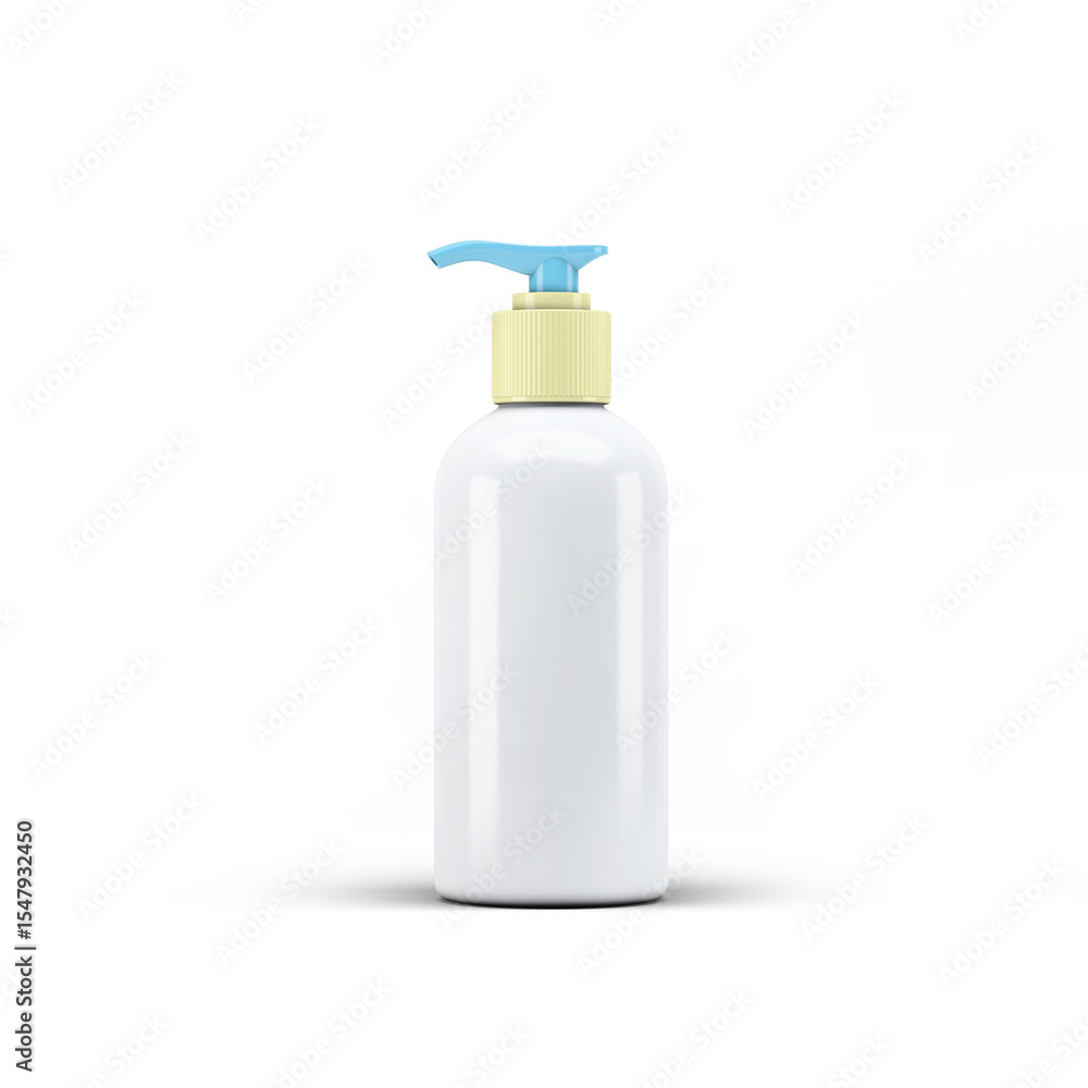 Perfectly cut-out image of cosmetic bottle dispenser (blue spout, yellow cap and white bottle) - View #2 - isolated background and shadow - Exclusive Mockups for Branding and Packaging Design Perfectly cut-out image of cosmetic bottle dispenser (blue spout, yellow cap and white bottle) - View #2 - isolated background and shadow - Exclusive Mockups for Branding and Packaging Design