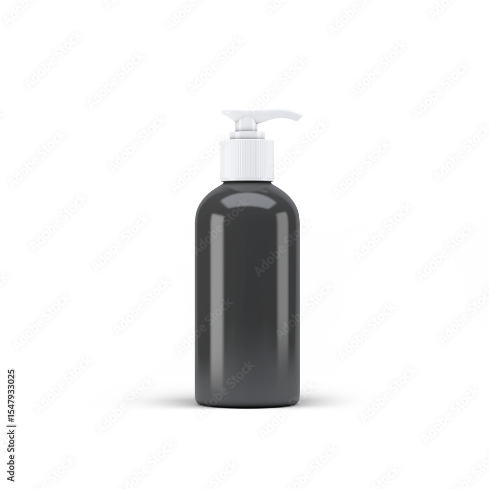 Perfectly cut-out image of cosmetic bottle dispenser (White spout, white cap and black bottle) - View #1 - isolated background and shadow - Exclusive Mockups for Branding and Packaging Design Perfectly cut-out image of cosmetic bottle dispenser (White spout, white cap and black bottle) - View #1 - isolated background and shadow - Exclusive Mockups for Branding and Packaging Design