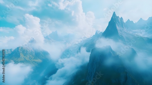 Wallpaper Mural Mountains, Peaks, Mist, Misty Mountain Peaks, Aerial View Torontodigital.ca