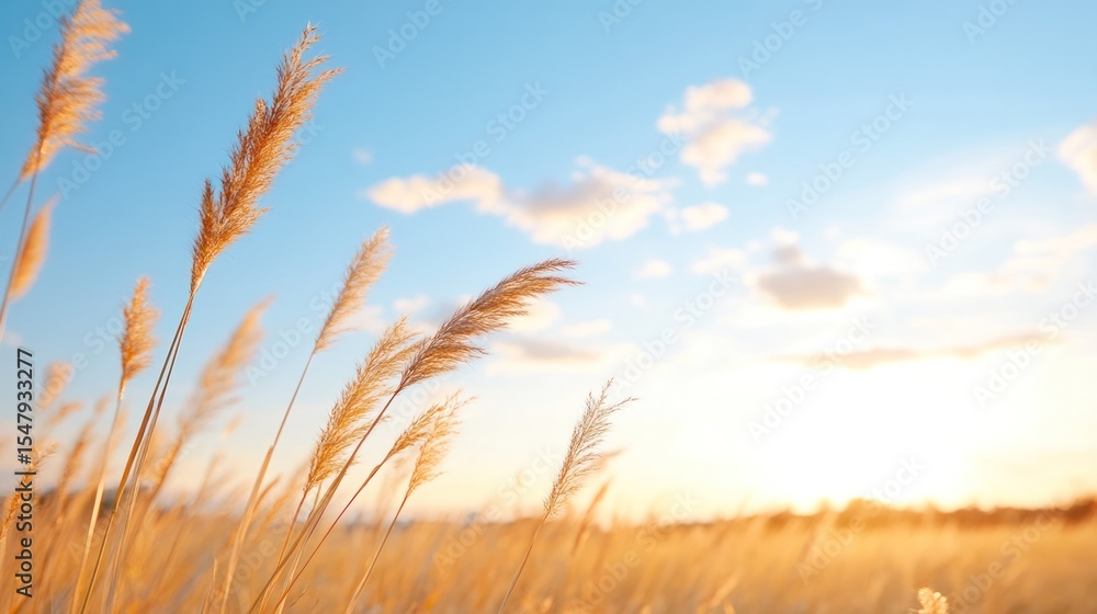 Obraz premium Golden grass sways under a serene blue sky, capturing the essence of nature's beauty at dusk. A tranquil moment for reflection.