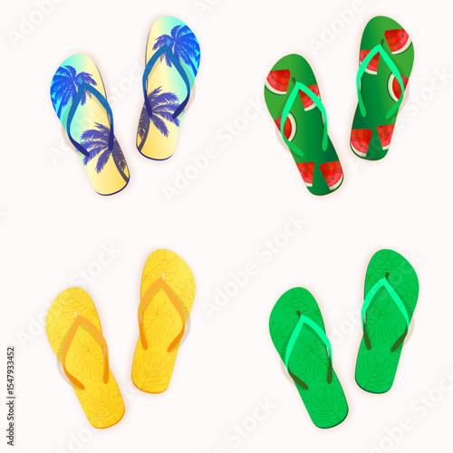 Four pairs of flip flops displayed, each featuring a unique color and star patterns