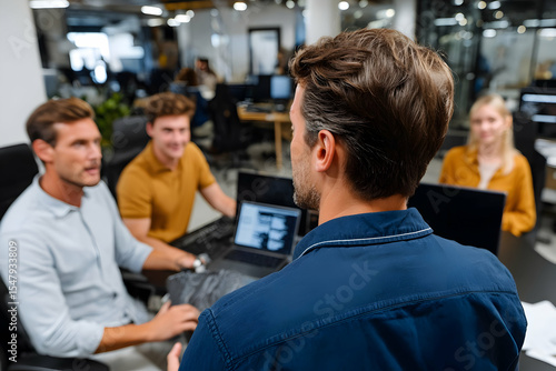 Startup Founder Showcasing Innovative Prototype to Team in Vibrant Co-Working Space, Inspiring Creativity and Collaboration