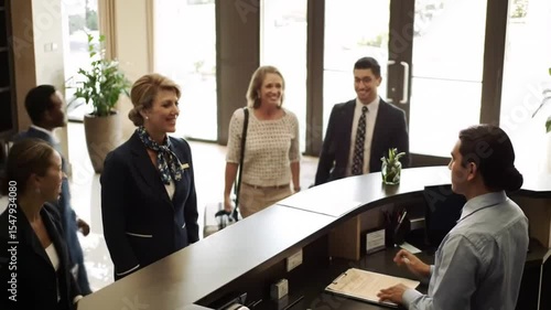 Hotel, employees and guest at reception for check in, hospitality and accommodation with tourism. Vacation, people and worker with luxury, industry and service with paperwork, concierge and holiday