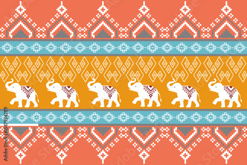Vibrant traditional Thai fabric design in pixel art, highlighting cultural patterns with white elephants and bold geometric motifs, celebrating Southeast Asian heritage.