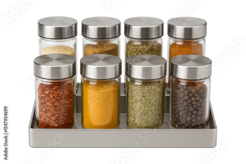 Fototapeta Naklejka Na Ścianę i Meble -  Glass spice jars with metal lids holding various spices on a tray with transparent background