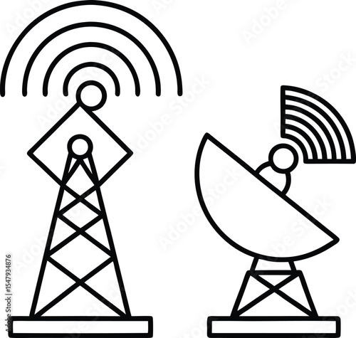 Black and White Line Art Illustration of a Communication Tower and Satellite Dish Broadcasting Wireless Signals