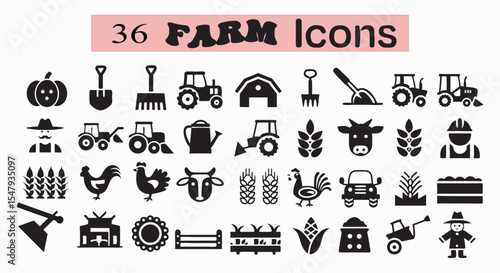 Diverse Farm Silhouette Icon Set Representing Agriculture Cultivation and Rural Life Depicting Tools Animals and Workers in Vector Format.