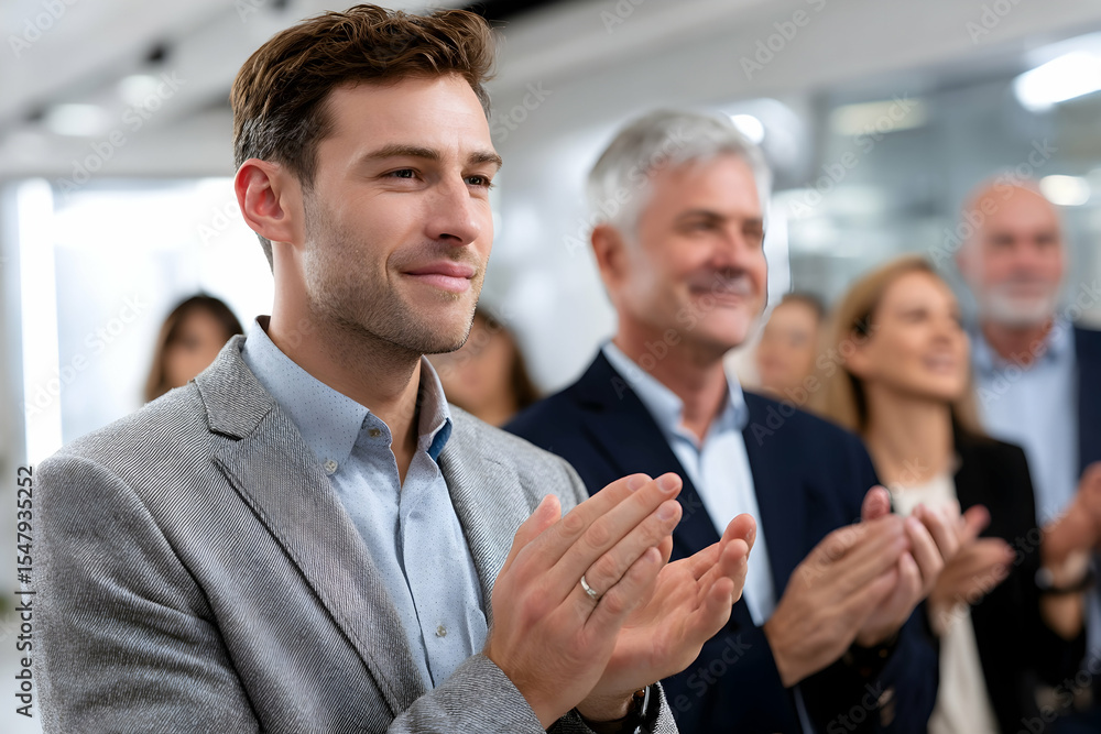 Professionals Clapping for Successful Pitch in Bright Meeting Room, Celebrating Achievement and Team Collaboration Professionals Clapping for Successful Pitch in Bright Meeting Room, Celebrating Achievement and Team Collaboration