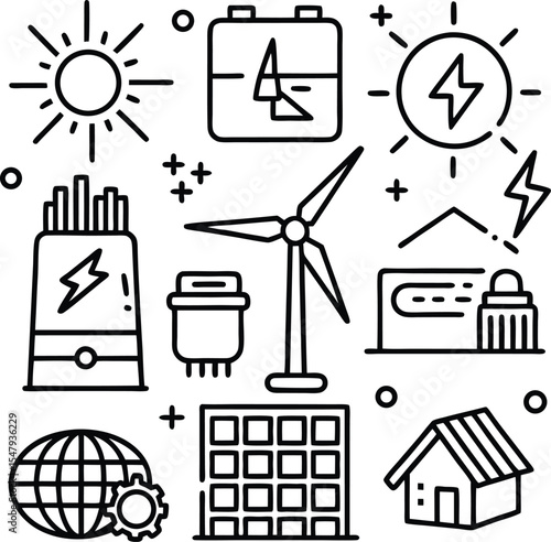 Renewable Energy Sources Icons Black and White Line Art Illustration Windmill Solar Power Battery House Global Energy