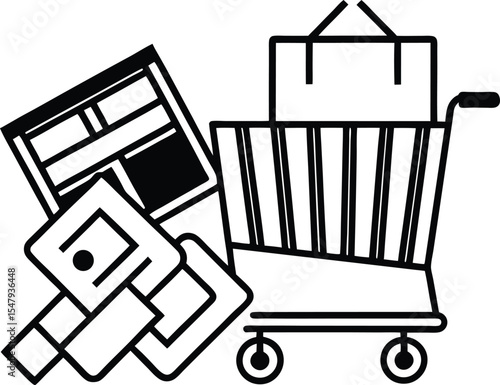 Shopping Cart with Packages Boxes and Bag Online Shopping Ecommerce Concept Black and White Illustration