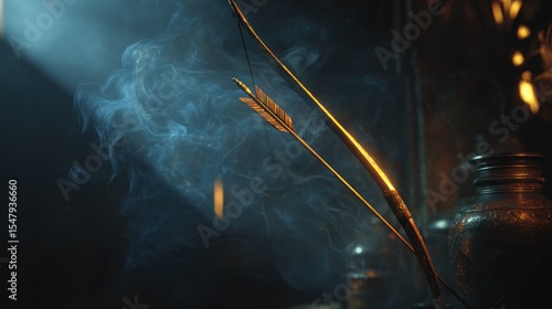 Antique bow and arrow dramatic scene