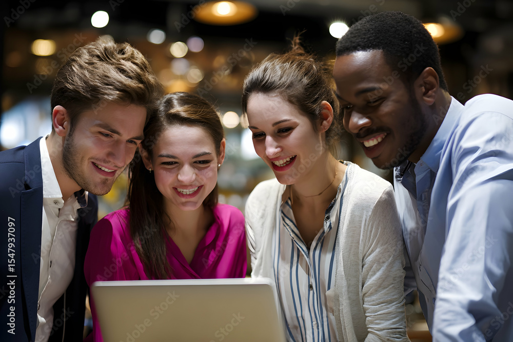 Young Professionals Collaborating and Celebrating Success Around a Laptop in a Vibrant Workspace, Showcasing Teamwork and Engagement Young Professionals Collaborating and Celebrating Success Around a Laptop in a Vibrant Workspace, Showcasing Teamwork and Engagement