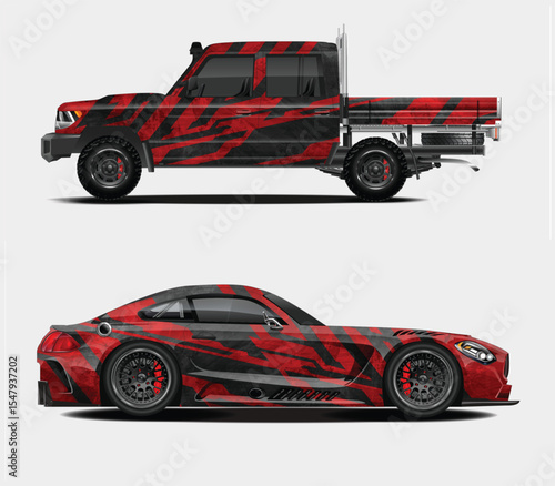 Red and Black Abstract Design on Pickup Truck and Sports Car