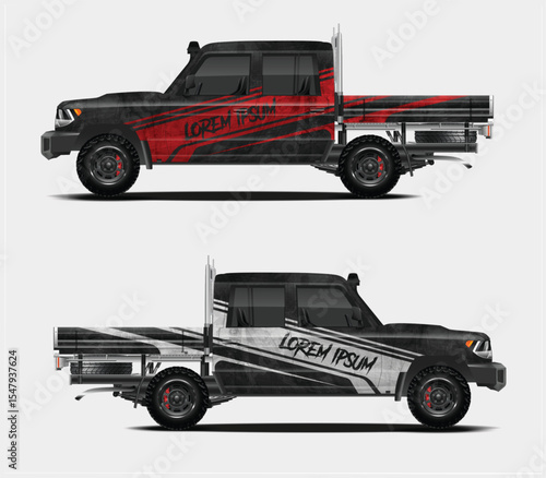 Two Pickup Truck Designs with Aggressive Graphics Side