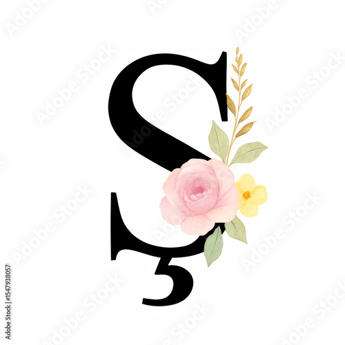 Floral Letter Ş Monogram with Watercolor Botanical Decorations