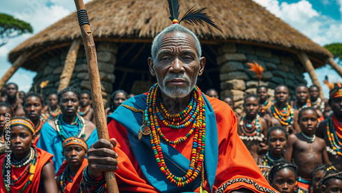 Portrait of an african elder in traditional attire with a community in the background