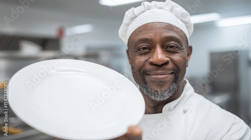 Fototapeta Naklejka Na Ścianę i Meble -  Elderly african male chef smiling in kitchen holding empty plate