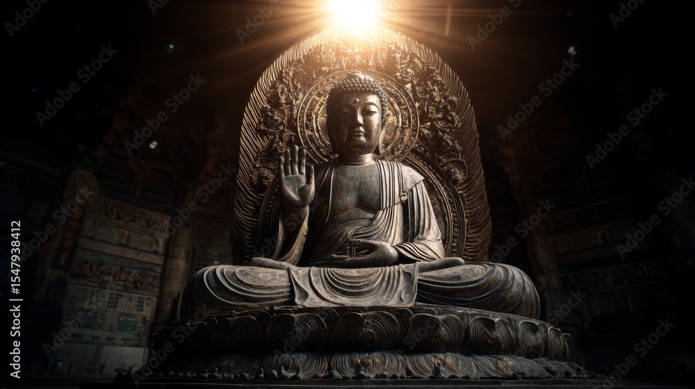 Fototapeta premium Majestic bronze buddha statue in sunlit temple interior