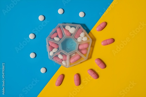 Colorful pills capsules arranged in circle on bright blue yellow background medicine pharmacy healthcare concept