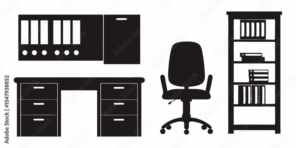 Office furniture set with desk chair bookcase and storage solutions for home or commercial space design needs silhouette