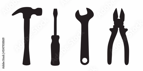 Hand tools vector silhouette set of hammer screwdriver wrench and pliers for construction work and repair