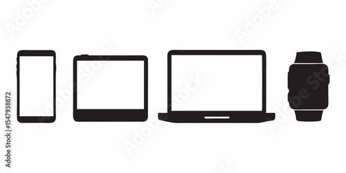 Devices vector illustration: smartphone, tablet, laptop, smartwatch for technology and gadget designs silhouette