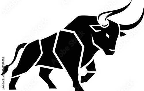 Rodeo bull silhouette vector, bold black design with muscular build and sharp horns, ideal for sports logos, decals, or merchandise.