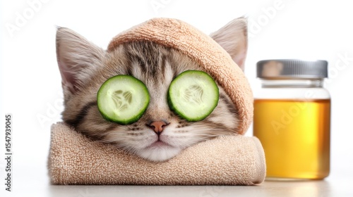 Funny kitten with slices of cucumber on it eyes and with towel on it head stands in front view. isolated on white background. Adorable feline playfully adorned with cool vegetable slices