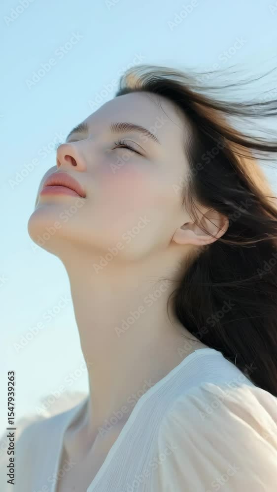 Portrait of a serene young woman with closed eyes, enjoying the sunset at sea, feeling the peace and tranquility of the moment Portrait of a serene young woman with closed eyes, enjoying the sunset at sea, feeling the peace and tranquility of the moment