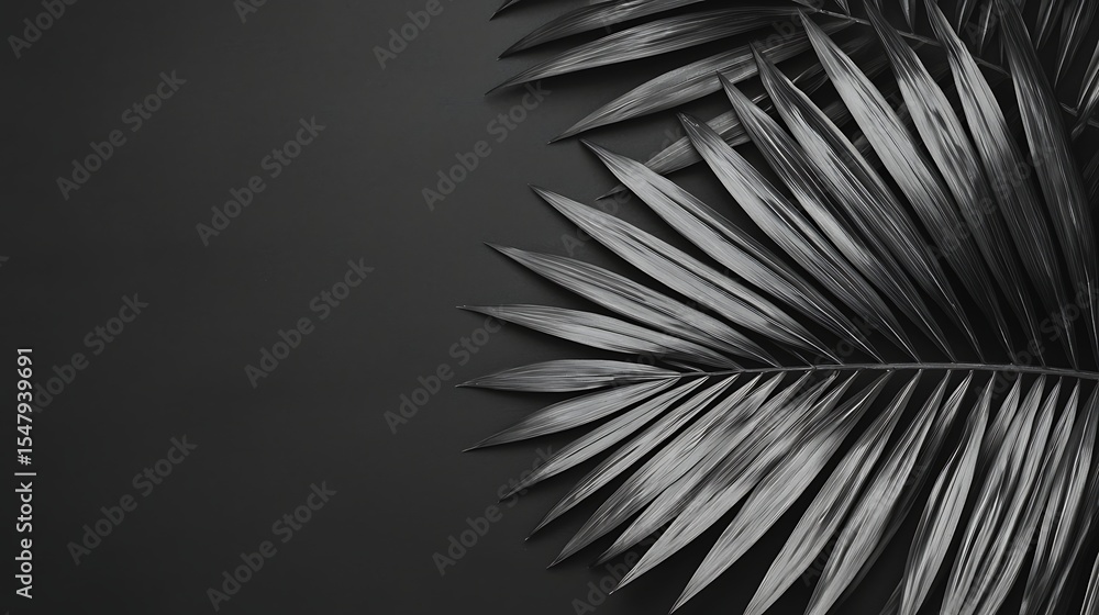Obraz premium Dark, monochrome image featuring glossy palm leaves on a black background with sharp details and metallic texture.