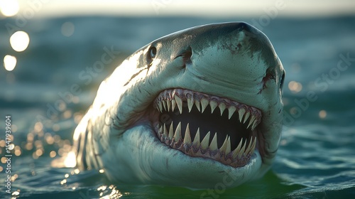 A great white shark's menacing head emerging from the water