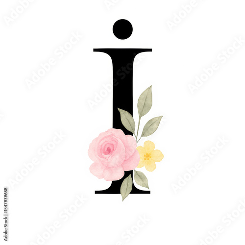 Watercolor Floral Letter İ with Pink Rose and Botanical Elements
