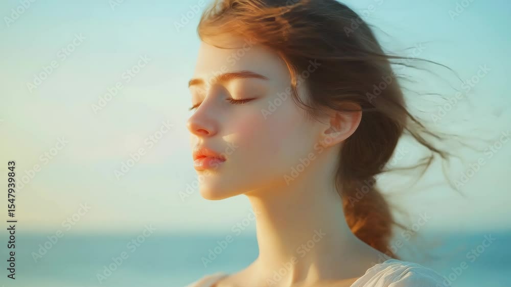 Portrait of a serene young woman with closed eyes, enjoying the sunset at sea, feeling the peace and tranquility of the moment Portrait of a serene young woman with closed eyes, enjoying the sunset at sea, feeling the peace and tranquility of the moment