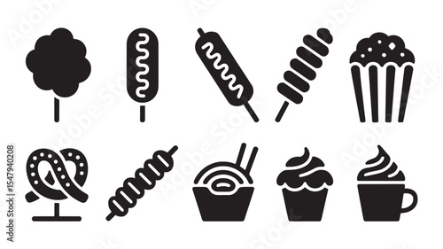 Black And White Line Art Icons Set Of Various Fair Food Items Including Cotton Candy Corn Dogs Pretzels Popcorn