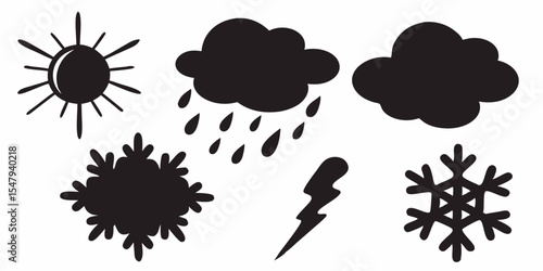 Weather forecast icons vector illustration with sun cloud rain snowflake and lightning weather symbols silhouette