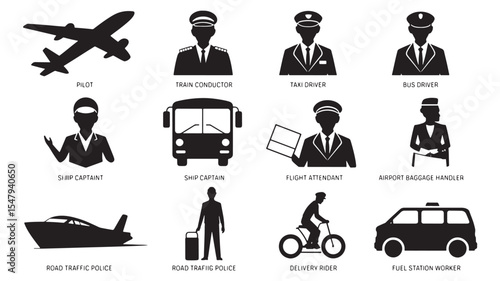 Black and White Line Art Icons Set Transportation Professions Pilots Train Conductors Taxi Drivers Bus Drivers