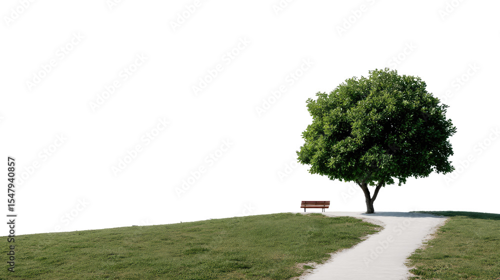 Fototapeta premium Tranquil Path Under Lush Tree: A serene path meanders through a vibrant green landscape, leading to a solitary, vibrant tree, evoking a sense of peace and inviting contemplation.