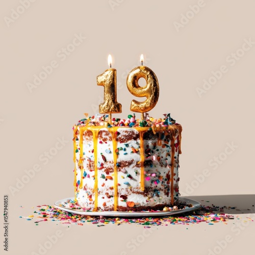 19th birthday celebration cake with candles and colorful sprinkles