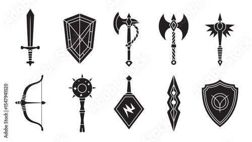 Black And White Line Art Illustration Of Fantasy Weapons And Shields Including Sword Axe Bow Mace And More