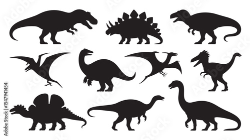 Black And White Line Art Illustration Ten Dinosaur Silhouettes Triceratops Stegosaurus Tyrannosaurus