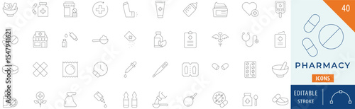 Pharmacy icon collection set. Editable stroke.