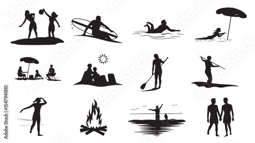 Black and White Line Art Illustrations of People Enjoying Summer Beach Activities Including Paddleboarding