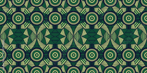 African ethnic traditional green pattern.seamless beautiful Kitenge, chitenge, Ankara style. cricle fashion design in colorful. Geometric circle motif. Curvy wave Ankara prints, African wax prints.