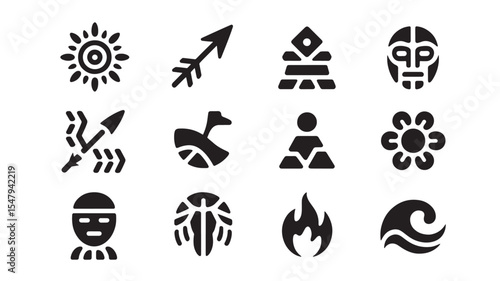 Black and White Line Art Tribal Symbols Set Sun Arrow Pyramid Mask Flower Wave Fire Icons Design Elements