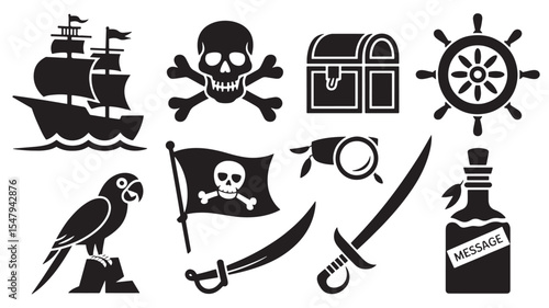 Black And White Pirate Icons Set Sailboat Skull Treasure Chest Wheel Parrot Flag Sword Bottle Graphics