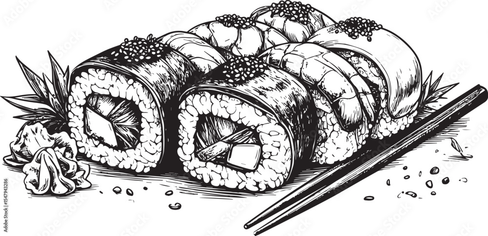 Obraz premium Japanese Cuisine: Sushi Plate Engraving
