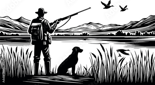 Hunter and Dog in a Serene Duck Hunting Landscape. Stylized black and white illustration captures a hunter with his loyal dog by a tranquil lake, as ducks fly overhead, perfect for outdoor and sports 